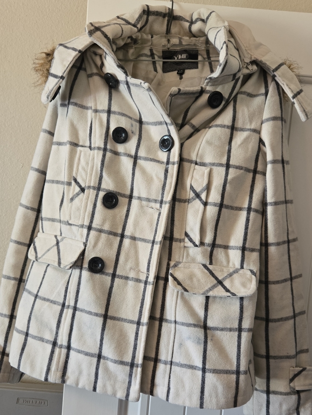 YMI Cream Plaid Double-Breasted Pea Coat